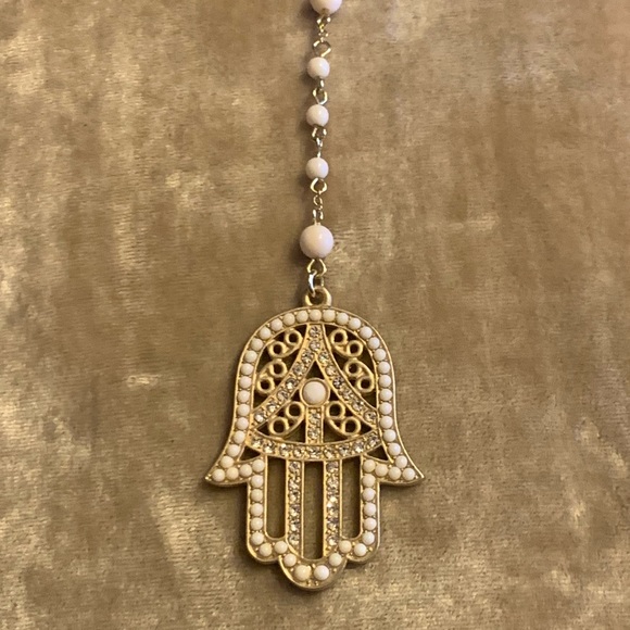 White Bead Crystal Hamsa Pendant & Gold Necklace - Picture 4 of 8